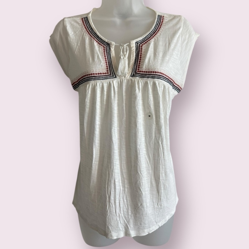 Aeropostale White Embroidered Tassel Cap Sleeve Top